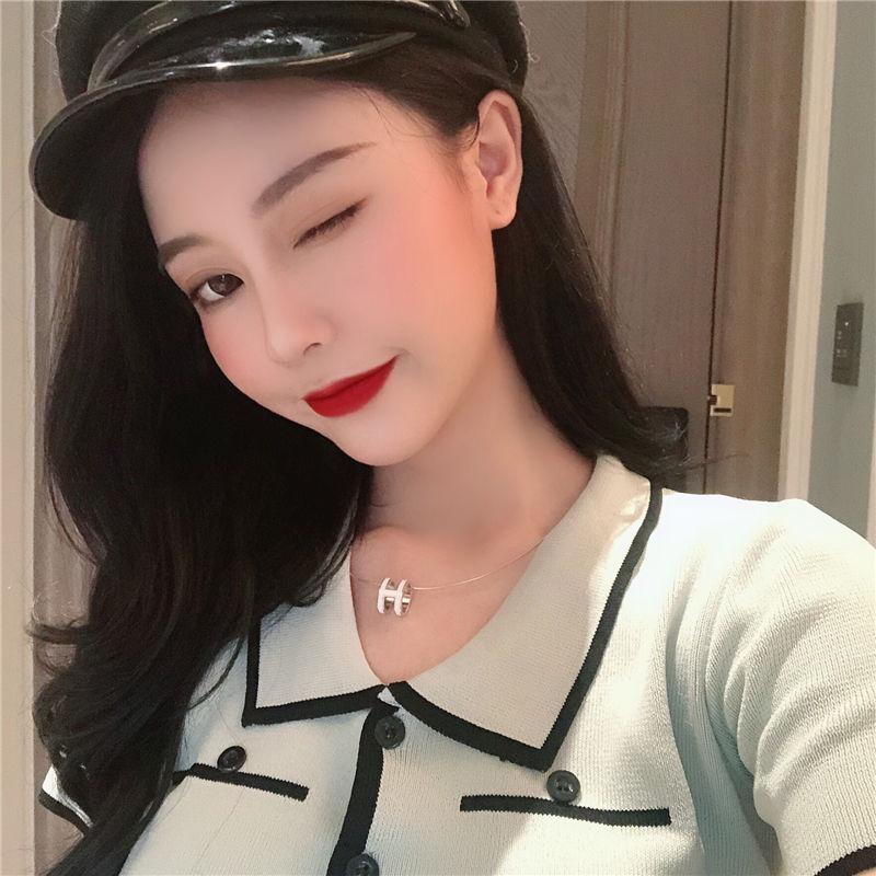 Summer Retro Color Block Knit Top with Turn-Down Collar - Slim Fit Ice Silk Short Sleeve Crop T-Shirt