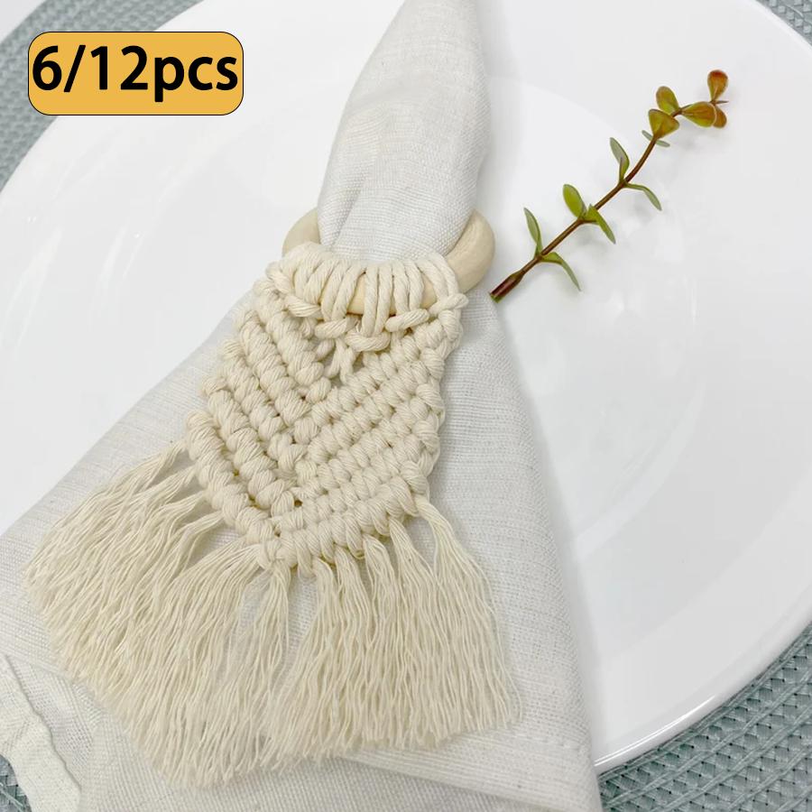 Boho  Napkin Rings with Wooden Ring, Handmade Woven Fringe Napkin Holders for Rustic Wedding, Party & Farmhouse Table Decor