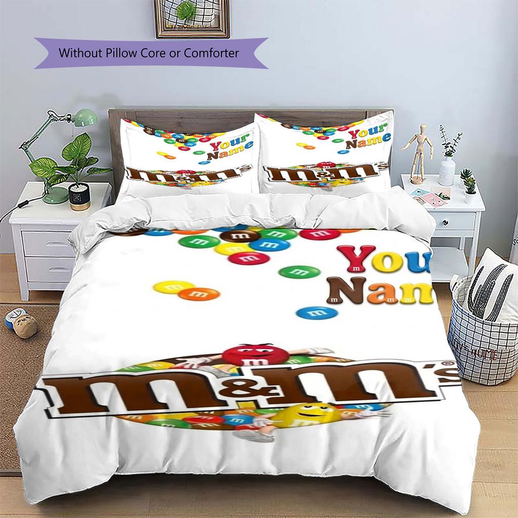M&M's Bettwäsche mit individuellem Namensmuster, Steppbett-Set, Bettbezug, Kissenbezug, Heim-Geburtstagsgeschenk(1 Bettbezug + 2 Kissenbezüge, ohne Füllung)