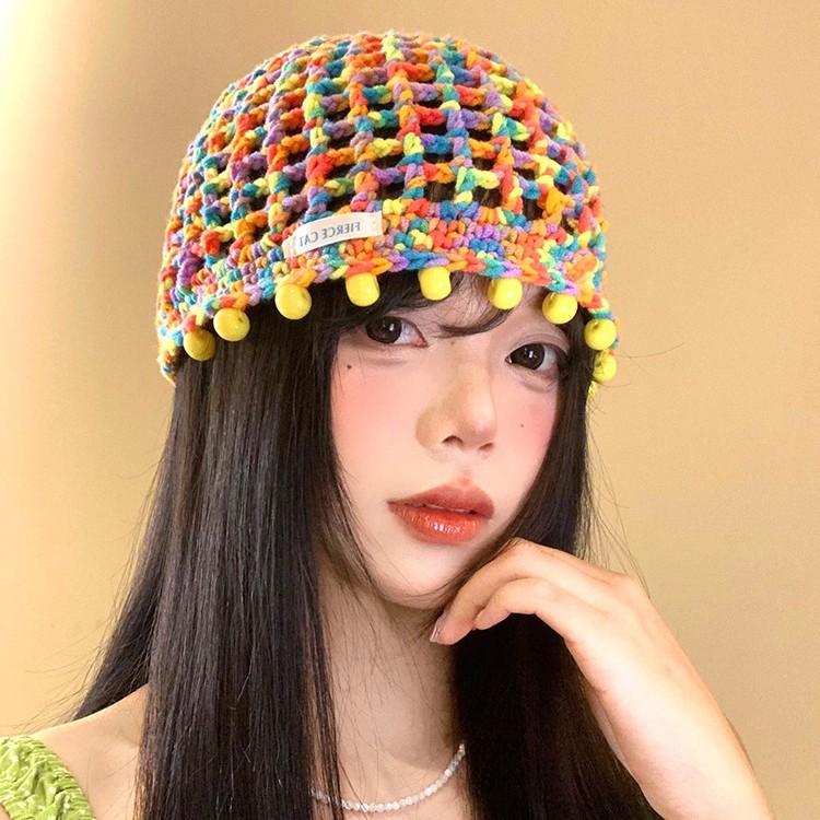 Color Dopamine Beaded Hollow Knitted Hat Female Summer Autumn Hyunya Wind Breathable Face Small Bag Head Hat