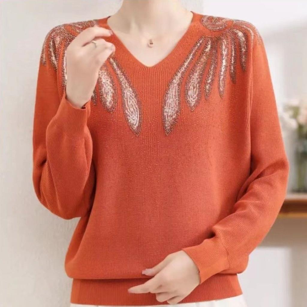 Women's V-neck Plus Size Sweater Rhinestone Long Sleeve Loose Knit Top Pullover Knitwear