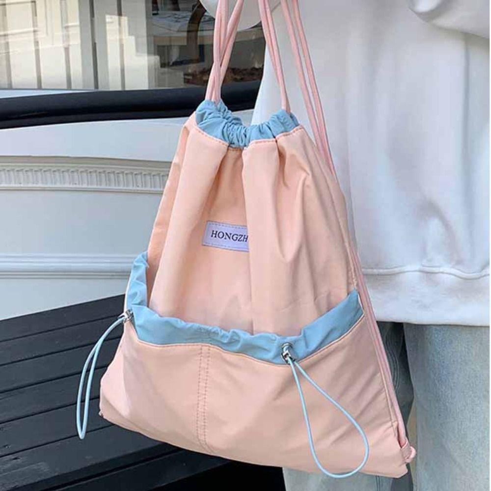 Large Capacity Light Soft Nylon Bag Contrast Color Shoulder Bag Sweet Drawstring  Backpacks  Travel