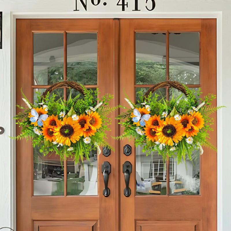 Artificial Sunflower Wreath Front Door Decoration Rustic Farmhouse Style Wall Hanging Floral Ring
