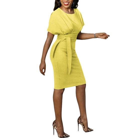 Damen Einfarbig Kurzarm O-Ausschnitt Gürtel Cocktail Bodycon Knielanges Kleid