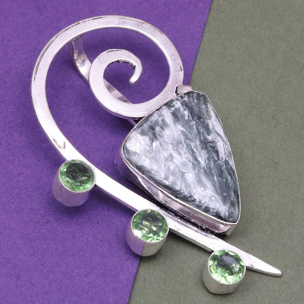 Seraphinite Peridot Gemstone Mother's Day Silver Jewelry Pendant  2.25"