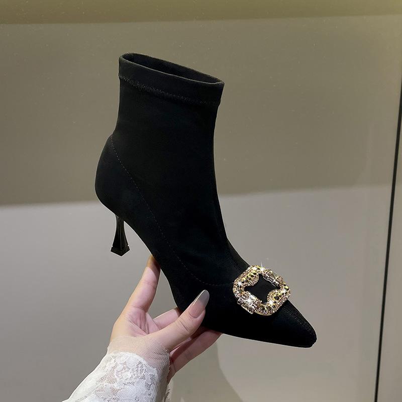 Square Buckle Rhinestone Pointed High Heel Short Boots Women's Autumn and Winter New Thin Heel Black Suede Elastic Thin and Ankle Boots Socks Boots