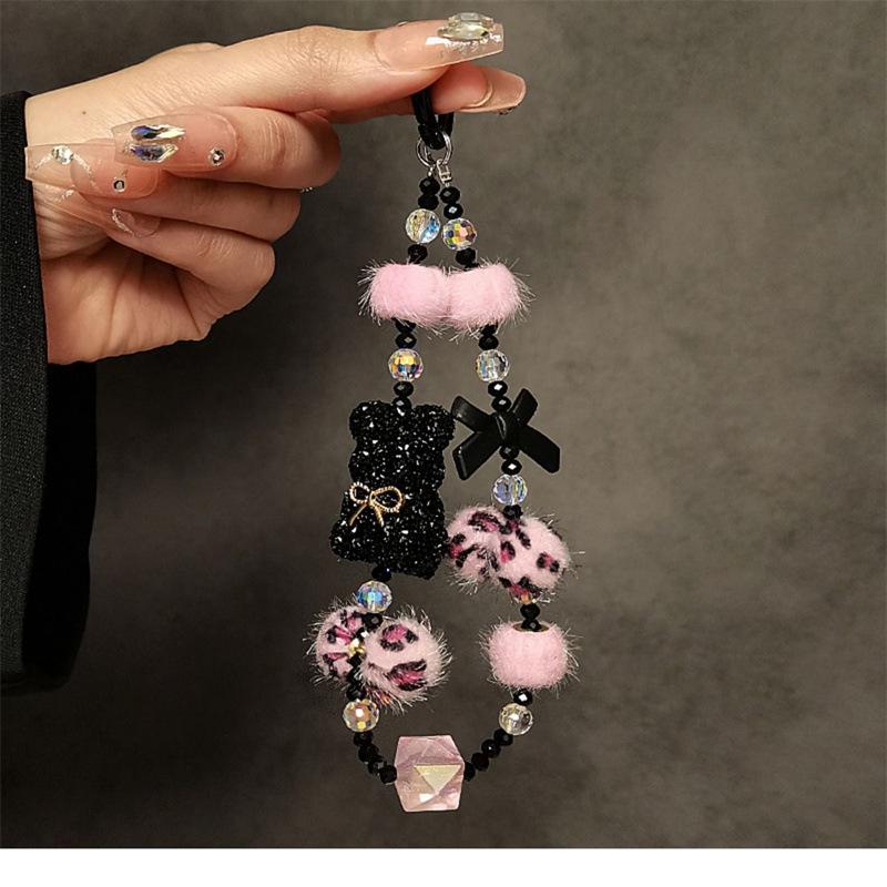 

Роскошный Высококачественный Стразы Медведь Ручной Цепочкой На Запястье Короткий Телефонный Ремешок Модный Мультяшный Телефонный Подвес Телефонный Ремешок Leopard Print Pink Plush