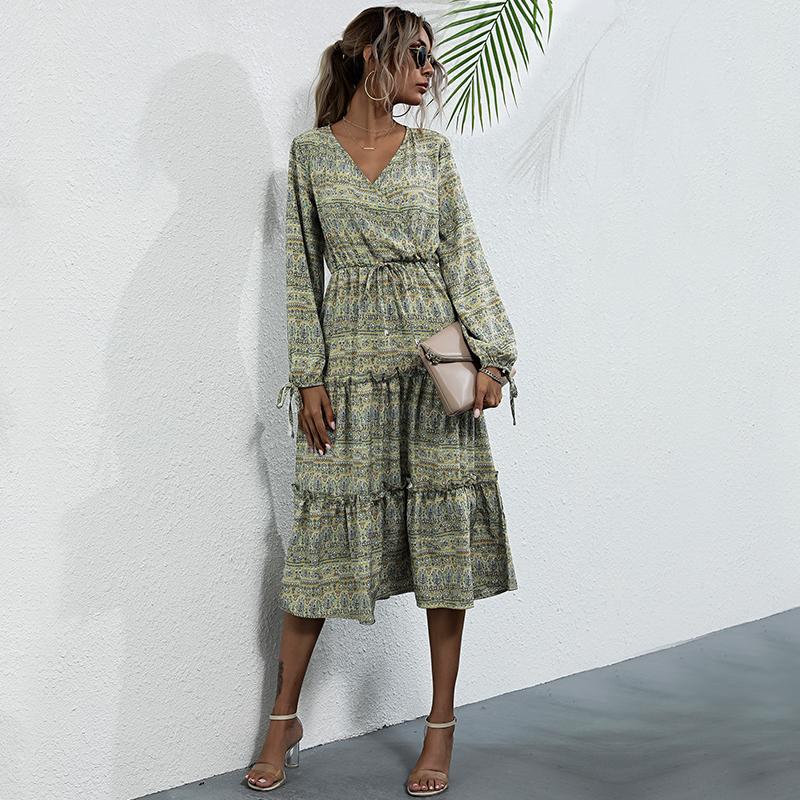 YYFS Women's Vintage Floral Print Long Sleeve V-Neck Casual Dresses