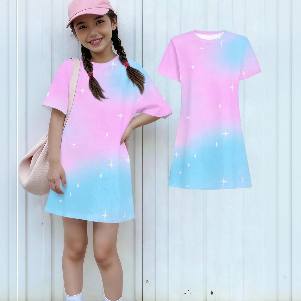Girls Print Casual Dress Kids Loose Round Neck Short Sleeve Thin Sundress