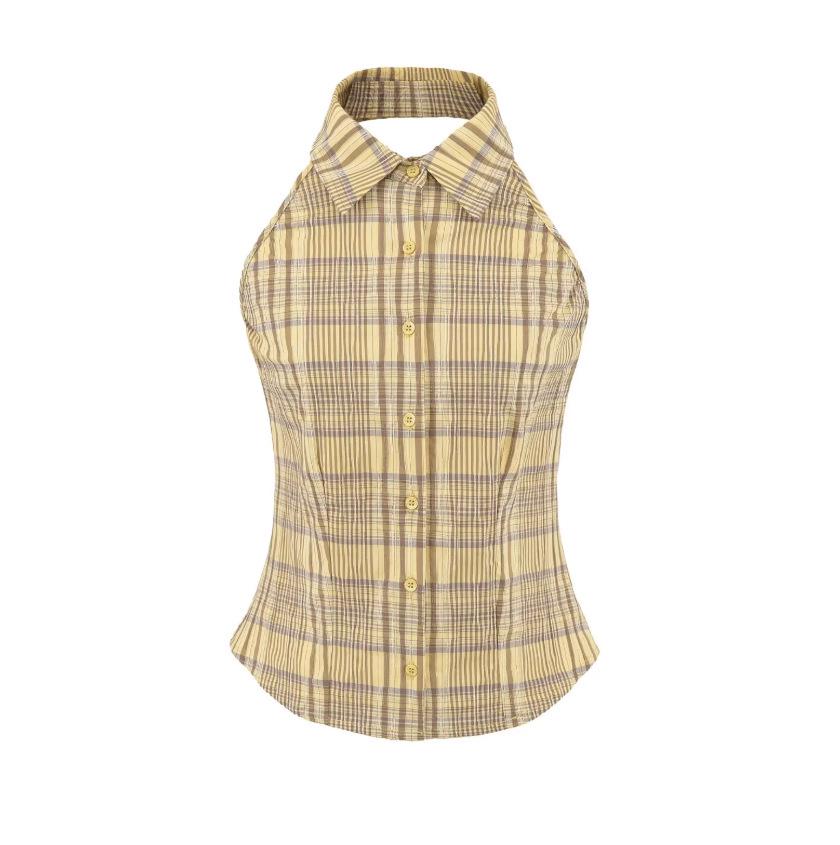 Women's Yellow Plaid Halter Vest & Elastic Waist Shorts Set - Summer 2026