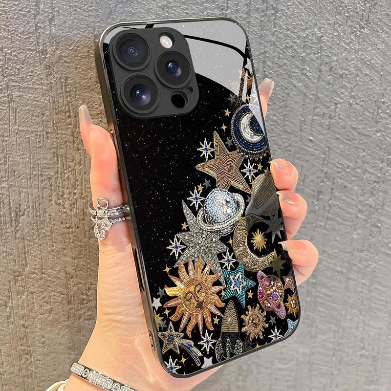 Capa de Celular de Vidro Temperado com Padrão de Sol, Totem, Estrelas, Lua e Planeta para iPhone 17 Pro Max 16 15 14 13 12 11 16E 7 8 Plus XR XS X