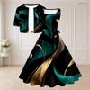 Women Plus Size Two Piece Outfit Halloween Print Sleeveless Square Neck Tie Waist Flared Dress Short Sleeve Cropped Shrug