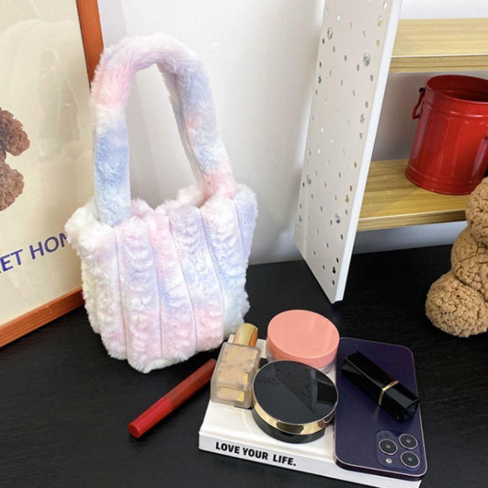 

Stripe Colorful Wrist Tote Bag Gradient Rainbow Bucket Bag Soft Small Plush Handbag Female/Girls синий