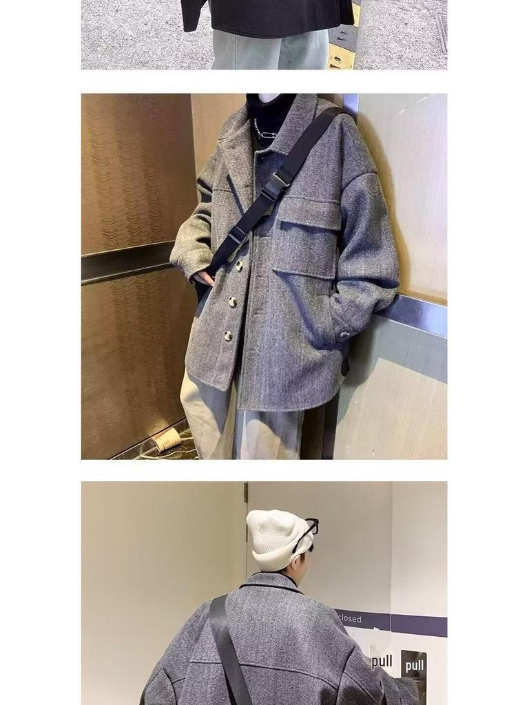 Men's Mid-Length Woolen Coat: Casual, Trendy, Oversized High-End Winter and Autumn Windbreaker.