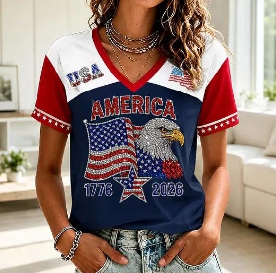 European and American Style Women's Clothing Casual V-neck Short-sleeved T-shirt D Digital Printing Source Wholesale