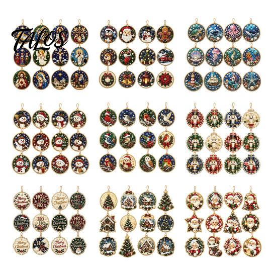 Festive Home Decoration 12PCS Christmas Tree 2D Flat Pendant, Pearl Acrylic Art Kits, Bright Fireplace Holiday Decor Color Classic Patterns