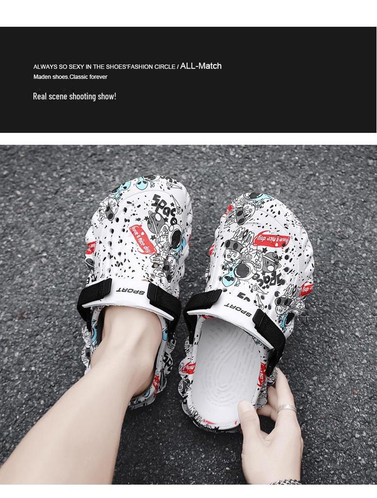 Sandale EVA cu talpă groasă și imprimeu graffiti pentru bărbați: Încălțăminte versatil cu găuri pentru vad și plajă