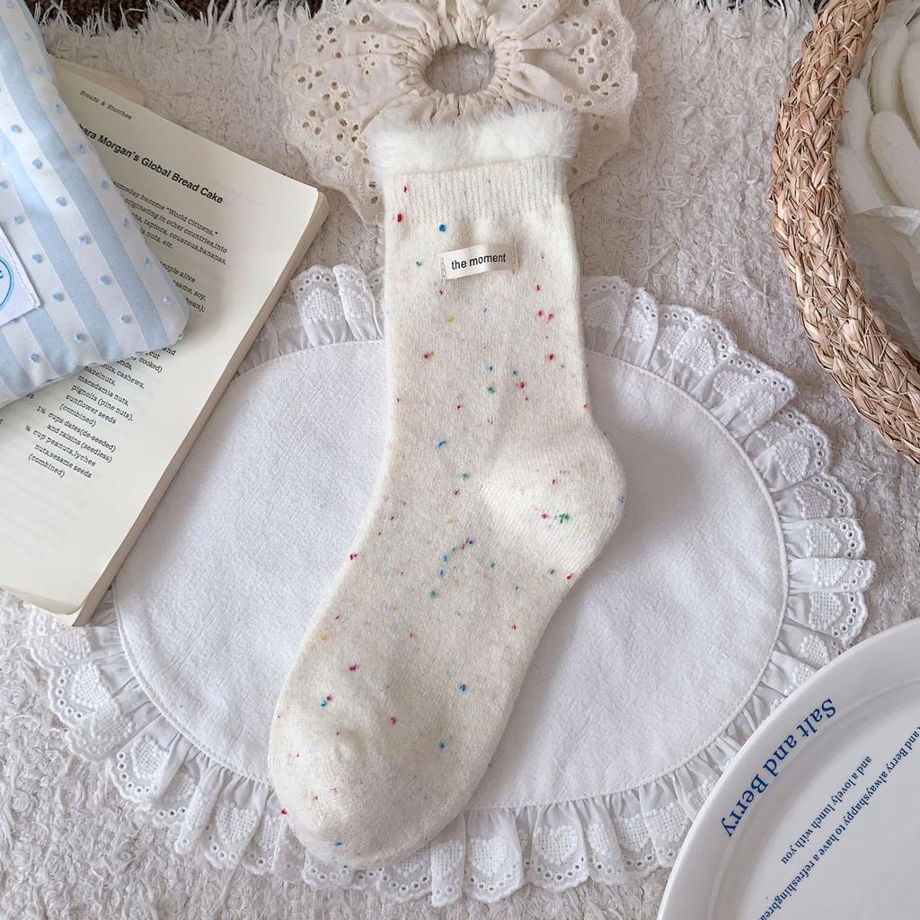 Dot Yarn Wool Socks Children'S Letter Cloth Label Medium Tube Socks Thermal Thickened Plush Stacking Socks