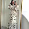 Abito Midi da Donna a Pois con Bordi Arricciati a Maniche Lunghe Bianco Nero Abito Elegante