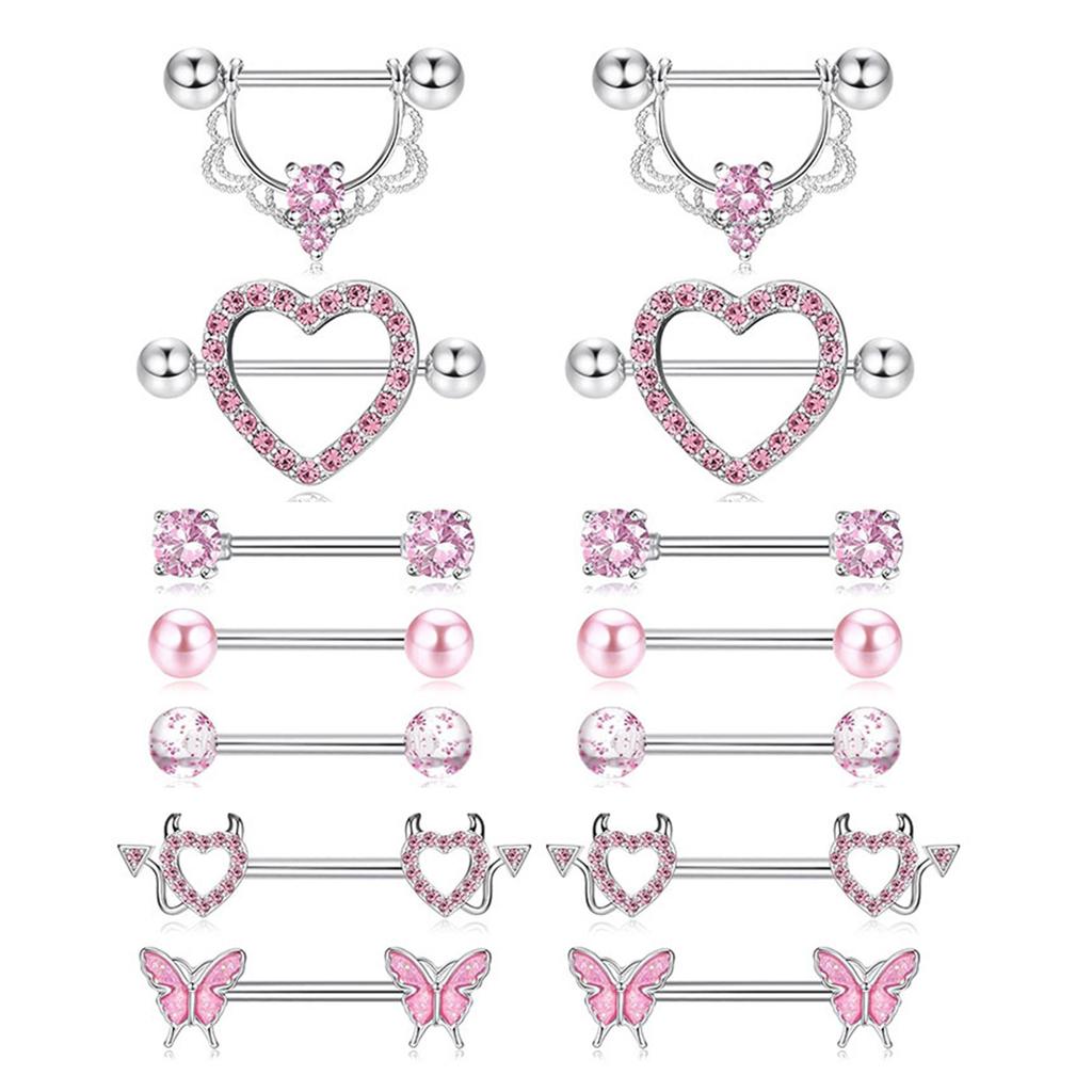 Fashionable Nipple Rings Jewelry Set with Sparkling Pink Silver Cubic Zirconia Stones for Fashion Enthusiasts