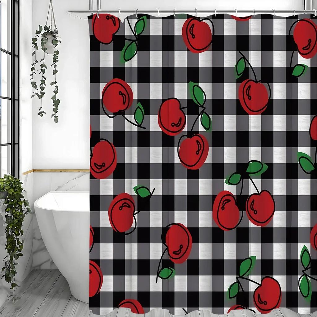 YXRed Cherry Black and White Checkered Shower Curtain, Bathroom Decorative Shower Curtain, Waterproof Shower Curtain with Hooks