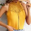 Sexy Back Button Vest Women Halter Neck Solid Color Lace Decoration Blouse Tops Hollow Stitching Casual Button-up Cami
