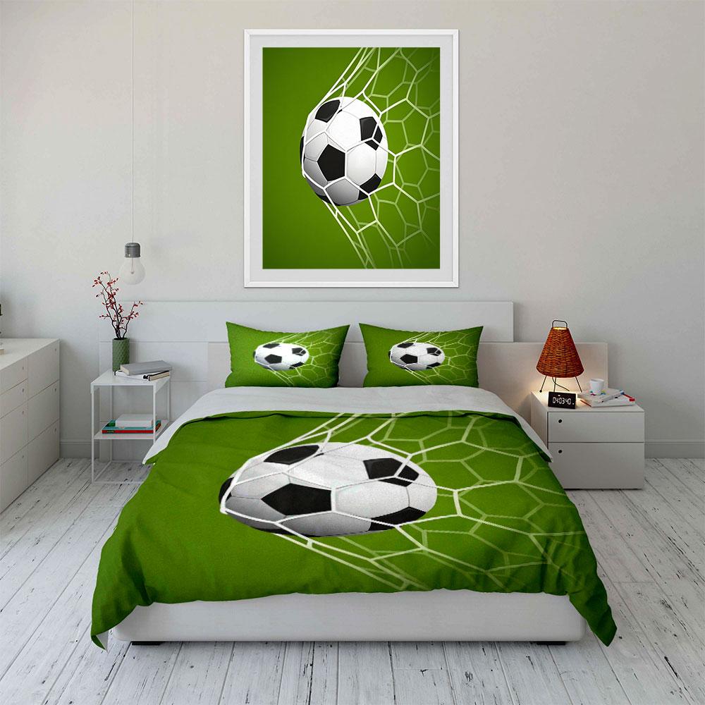 Fußball in verschiedenen Größen im Netz. Bedrucktes Bettwäsche-Set 1 Bettbezug 2 Kissenbezüge für Erwachsene und Kinder Luxuriöses Geschenk Vollgröße