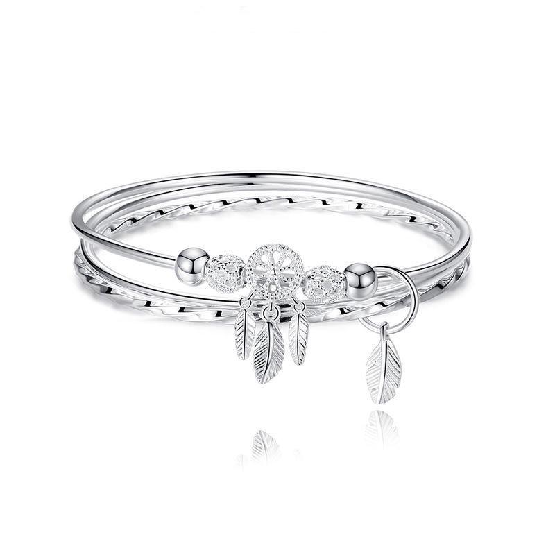 Douyin Weißkupfer-Versilbert Traumfänger Armband: Retro Drei-Ring Hohlfeder Design für Damen