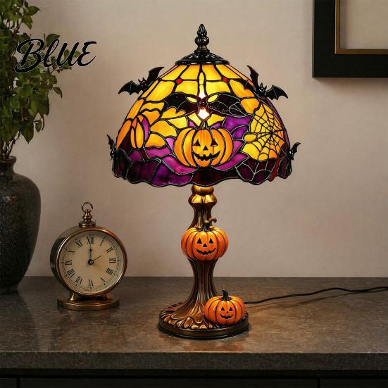 Fall Seasonal Display Halloween Pumpkin Bat Table Lamp Stained Glass Reading Light Gothic Decor Cozy Nightstand Light for Bedroom Bookshelf Unique
