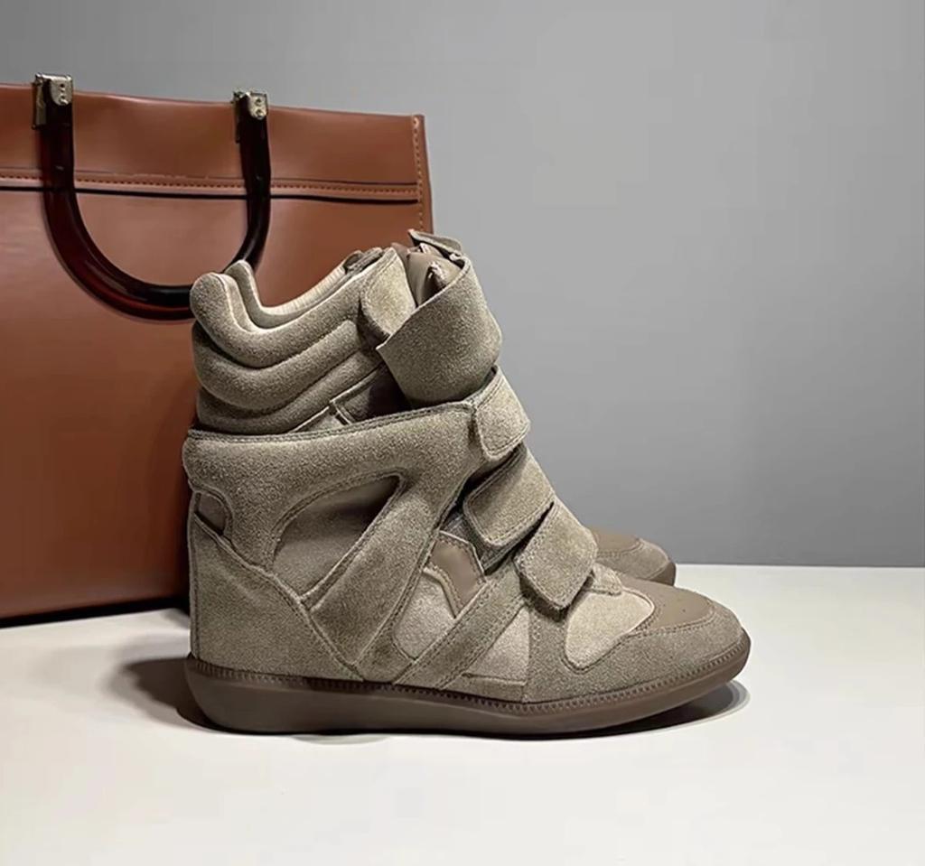 Neue Damen Keilabsatz High Top Sneaker Wildleder Klettverschlussriemen Lässig Mode Klobige Sohle Bequeme Stiefeletten 35-42