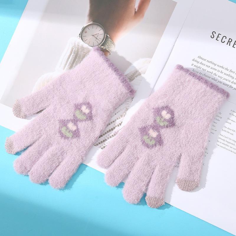 Ladies' thermal gloves, cold-proof in autumn and winter, thickened knitted wool, flowers, tulips, riding fingers