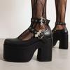 FOREADA Women Pu Leather Pumps Super High Hoof Heels Round Toe Ankle Strap Belt Buckle Punk Style Spring Autumn Shoes White