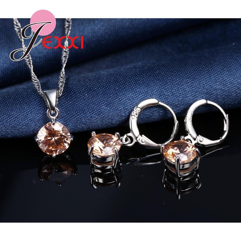 Hot Sale 8 Colors Shining Crystals 925 Sterling Silver Necklace Earrings Jewelry Sets Fashion Accessories Women Wedding