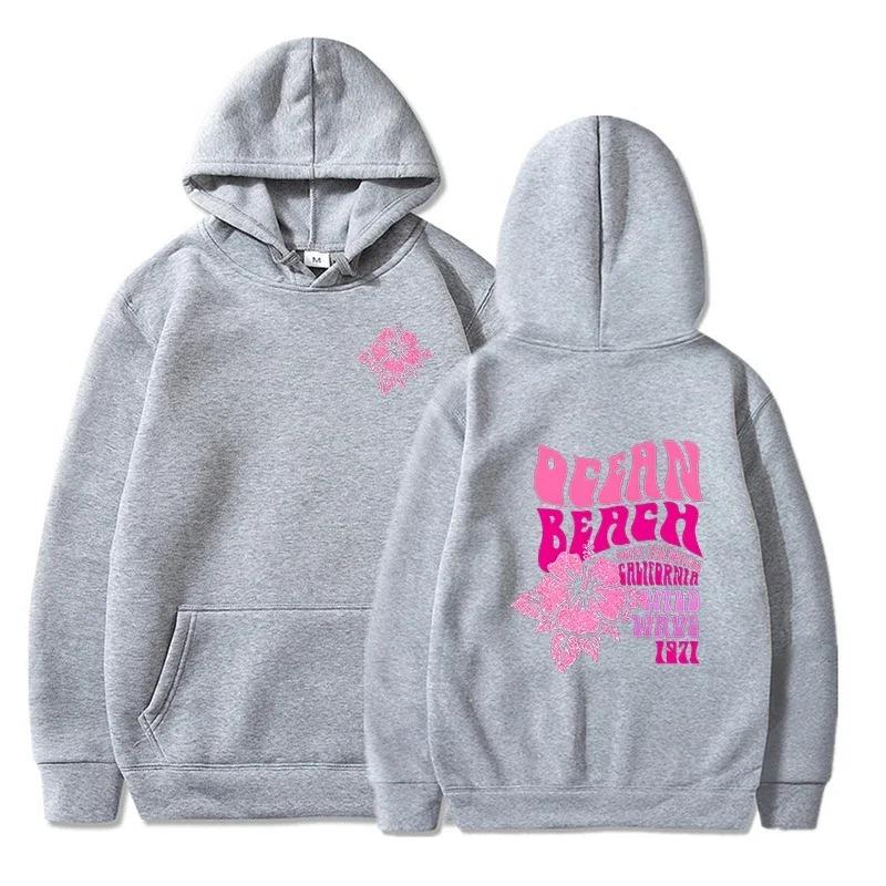 Women Fashion Casual Hoodies Ocean Beach Flower Slogan Front Back Pink Sweatshirts Beach Aesthetic Pullover Hoodie Trip Tops