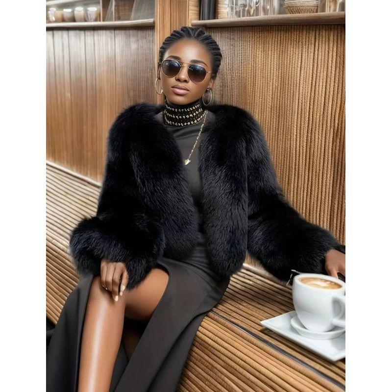 

New Autumn and Winter Imitation Fox Fur Fur Short coat Thick Warm Women Cross-Border Western Style Plush Women clothes Coat Black XS