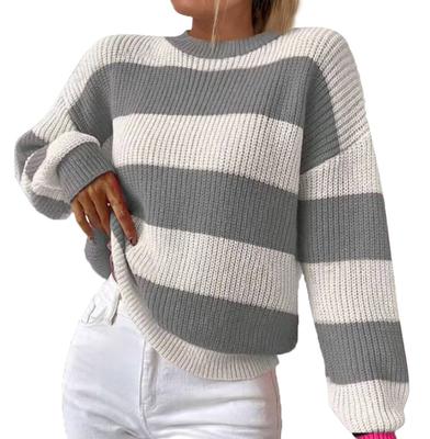 Women's Casual Striped Sweater Long-sleeved Pullover Crew-neck Sweater Top