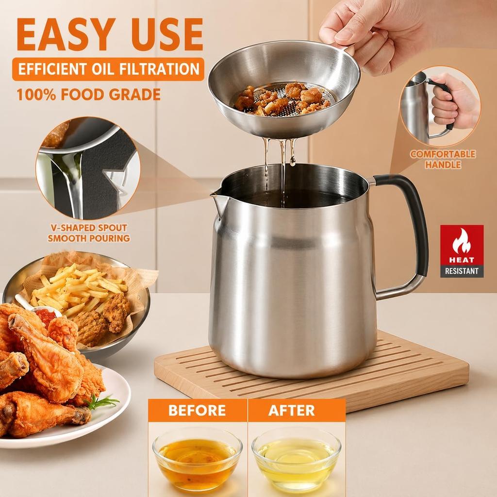 68oz 3-in-1 304 Stainless Steel Oil Filter Pot with Fine Mesh Strainer Heat-Resistant Handle 2L Bacon Grease Container for Kitchen Camping Frying