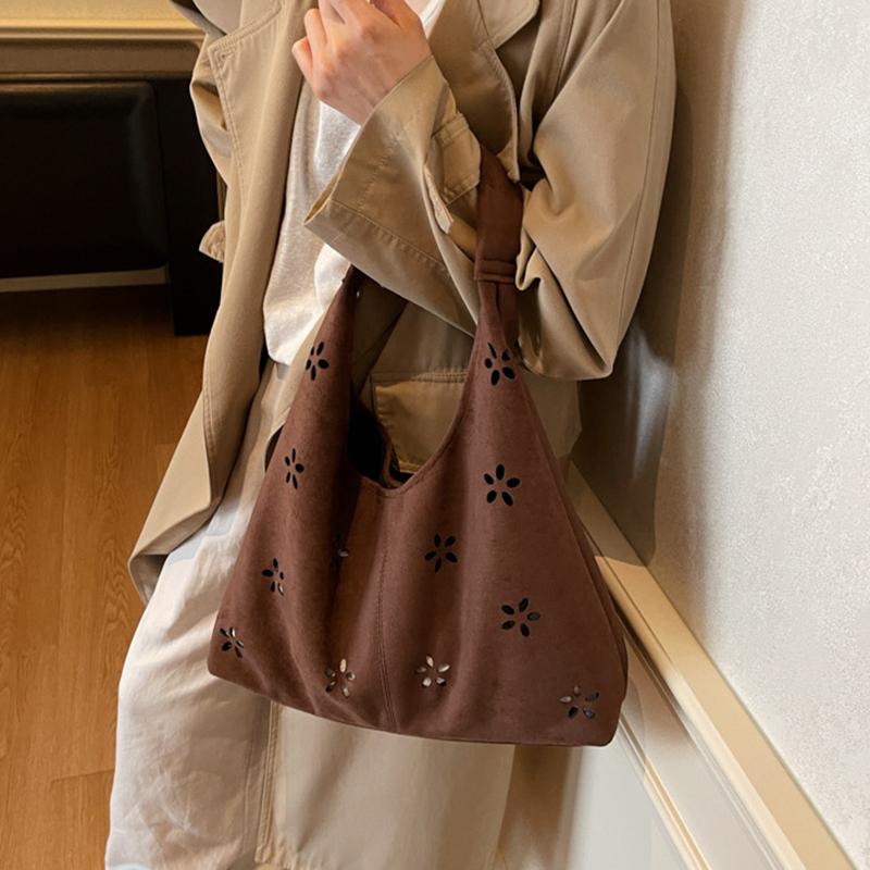 Yogodlns Faux Suede Women's Hollow Flower Shoulder Bags Matte Leather Female Underarm Bag Vintage Large Capacity Female Tote Handbags