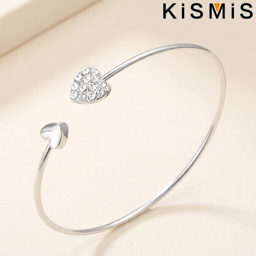 

Fashionable Diamond Heart Open Bangle Titanium Steel Double Peach Heart Design Jewelry Gift for Women серебряный