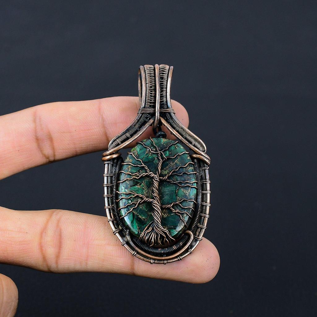 Tree Of Life Copper Malachite Gemstone Pure Copper Wire Wrapped Handmade Pendant Jewelry For Gift