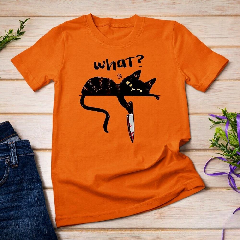 Black Cat with Knife Killer Funny Unisex T-shirt Creative Pattern Print Design T Shirt Men Women Casual Summer Short Sleeve
