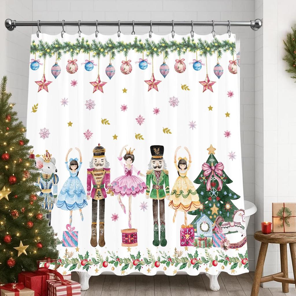 Nutcracker Shower Curtain, Pink Christmas Bath Tub Curtain, Xmas Nutcracker Waterproof For Home Bathroom Decor(71 X 71 Inches)