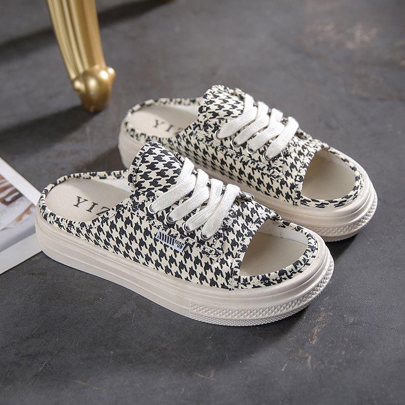 Internet Celebrity Canvas Half Slippers Women Wear Ins Tide 2025 Summer New Fashion Versatile One-word Drag Thick Bottom Cool Slippers