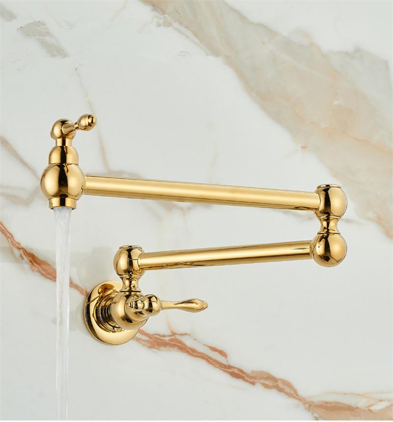 Złoty kran do napełniania garnków, montowany na ścianie, składany, antyczny kran kuchenny, pojedynczy zimny kran do zlewu, obrotowa składana wylewka, szczotkowany złoty mosiądz