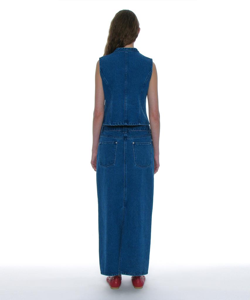 Partimento Woman Studded Denim Maxi Skirt_Mid Blue