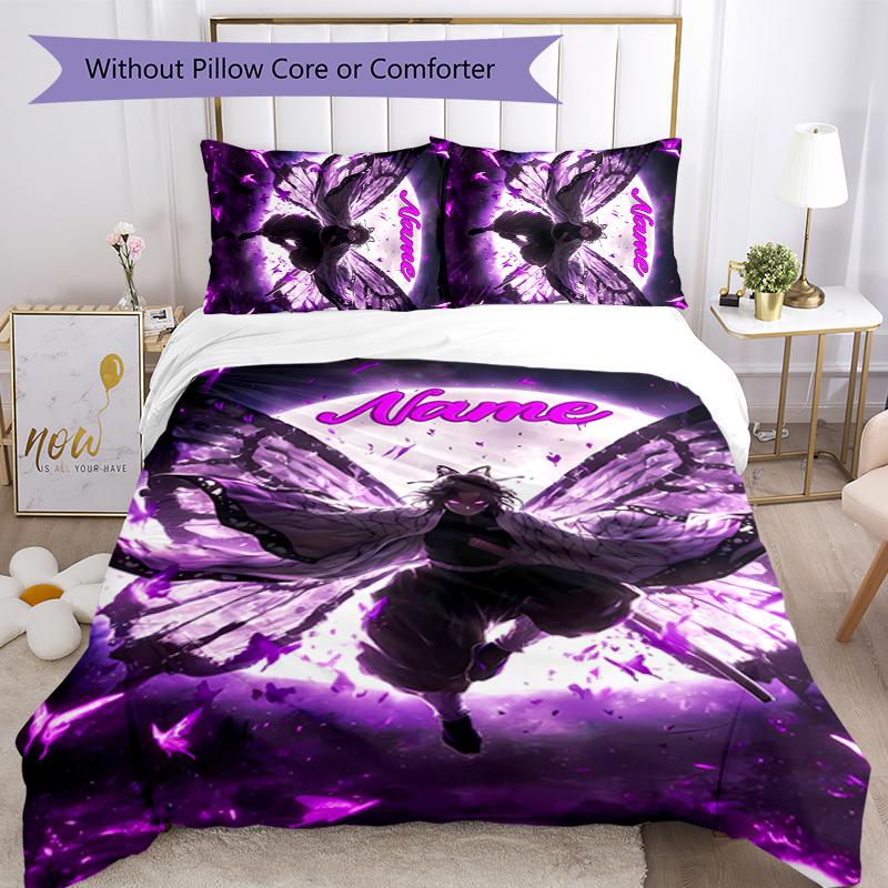3pcs Custom Name Demon Slayer Shinobu Kocho Bedding Set Duvet Cover Closure Includes 1 Duvet Cover & 2 Pillowcases for All Seasons Bedroom Decor