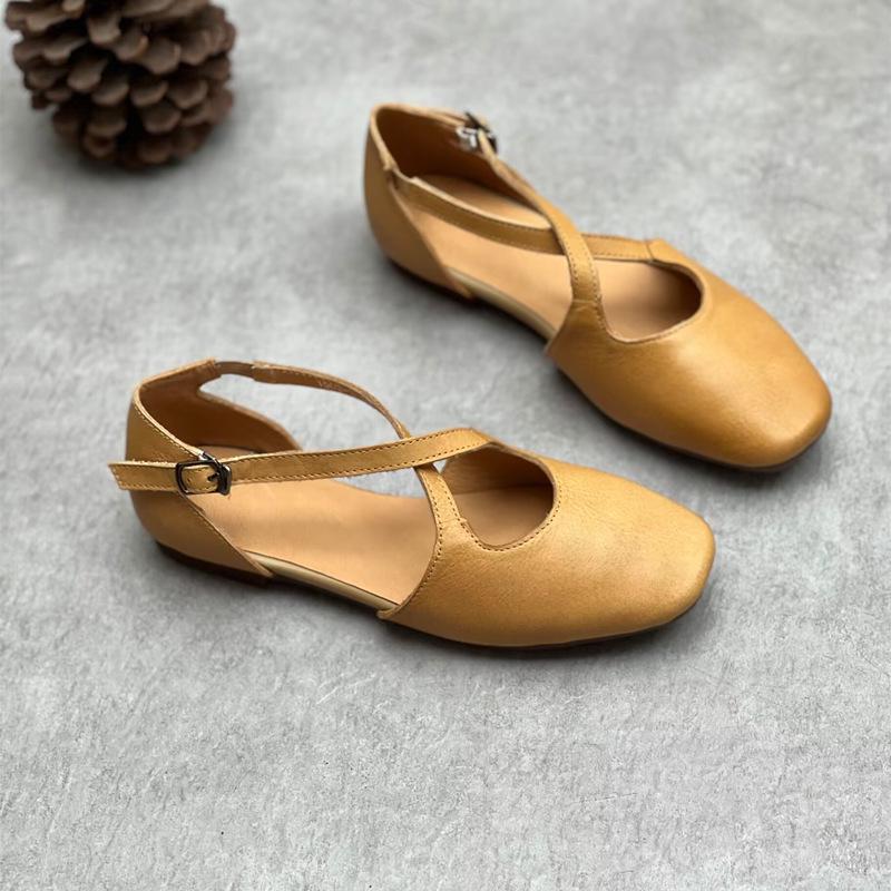 Literary Mori Style Handmade Genuine Leather Square Toe Flat Sandals for Women
