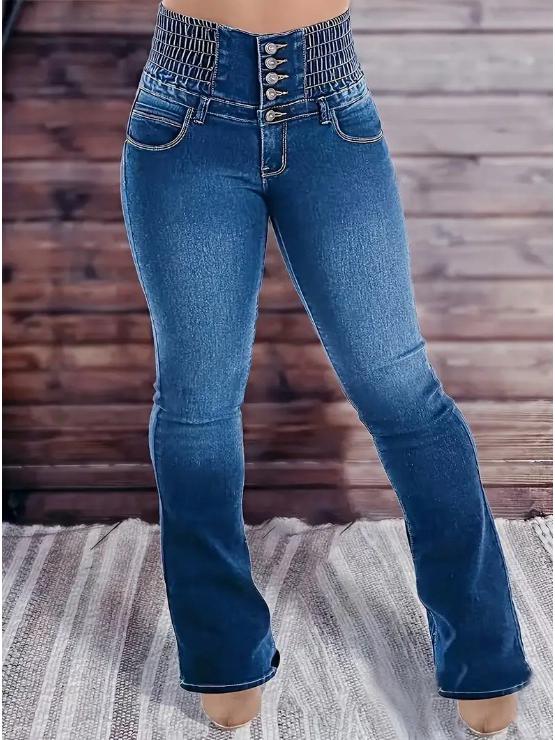

2025 Trendy High-Waisted Slimming Flare Jeans for Women with Elastic Button Fly XL глибокий/синій