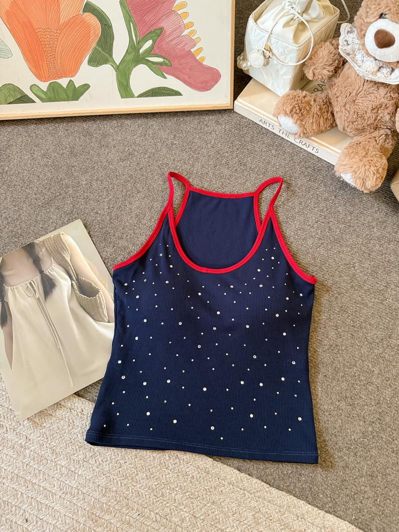 Spicy American Rhinestone Halter Crop Top with Built-in Bra One Size темно-синий