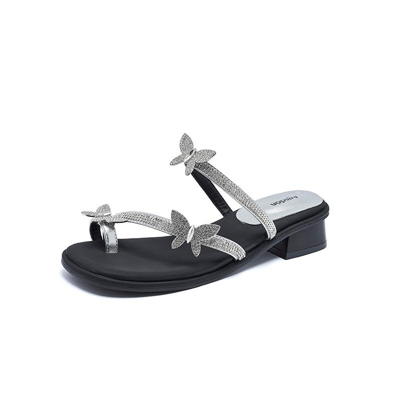 Augustine Thick Heel Slippers Female 2025 New Summer Rhinestone Butterfly Toe Wear Fairy Style High Heel Sandals